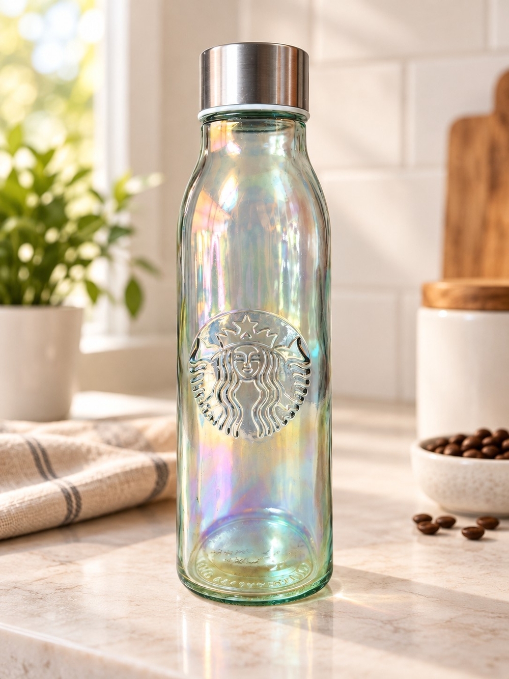 Starbucks Iridescent Glass Water Bottle with Stainless Cap